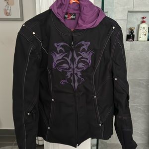 Women’s purple and black motorcycle jacket with removable liner.